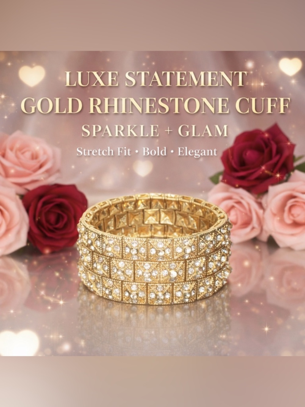 Gold Rhinestone Stretch Bracelet Wide Statement Cuff